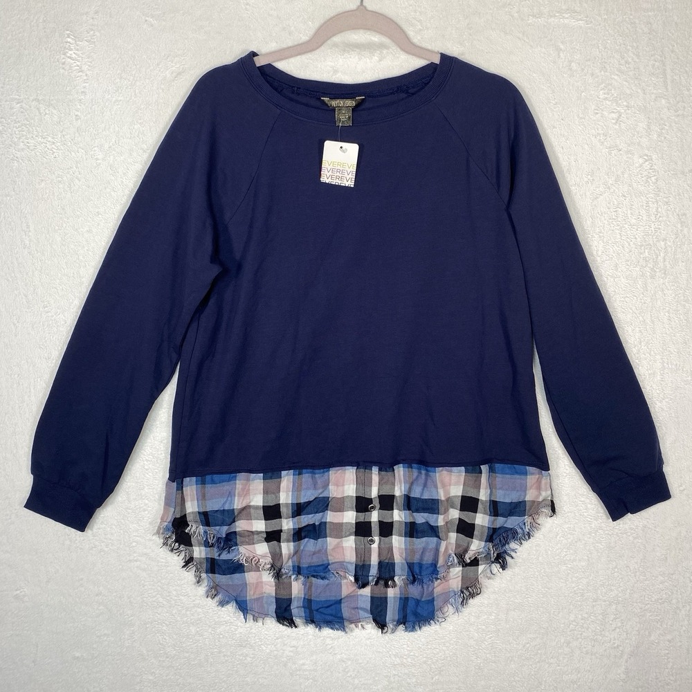 Peyton Jensen Evereve Navy Sweatshirt Plaid Hem Mixed Media Pullover M Coastal‎